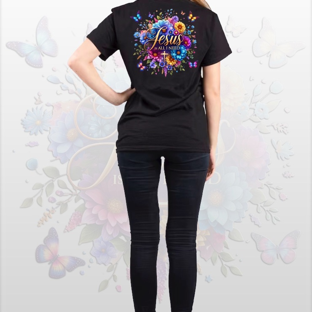 Jesus Is All I Need Black Graphic Tee with Floral Design